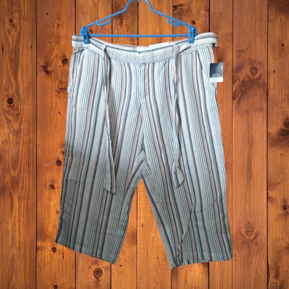 Liz Claiborne Linen Blend Striped Belted Pants Wide Leg Cropped Beachy Size XL
